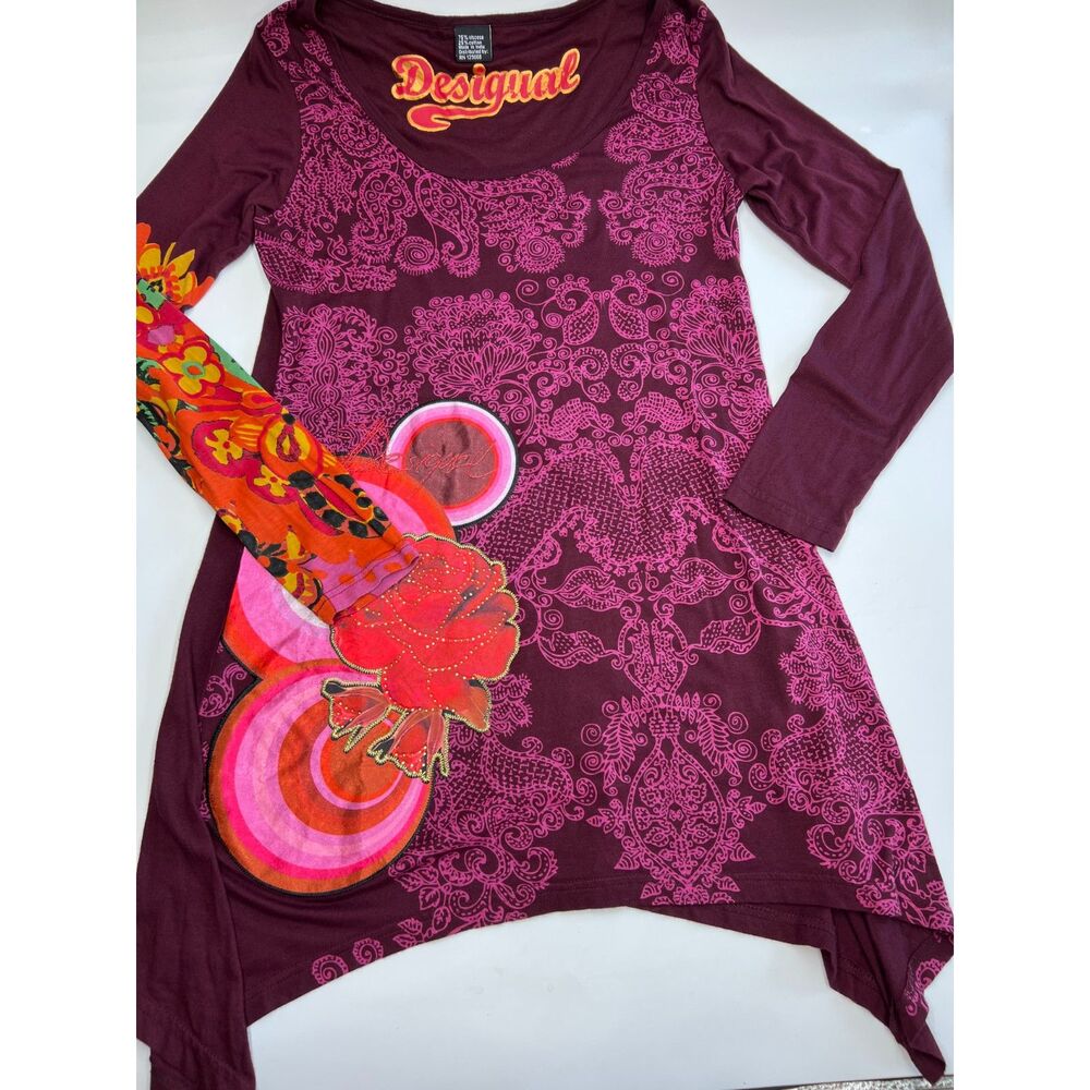 Desigual Embellished Tunic Asymmetrical Dress Top Sz L Lagenlook Boho Artsy
